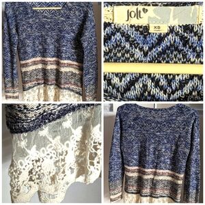 Jolt cotton multi color blues And Cream sweater lace hemline sz XS/S